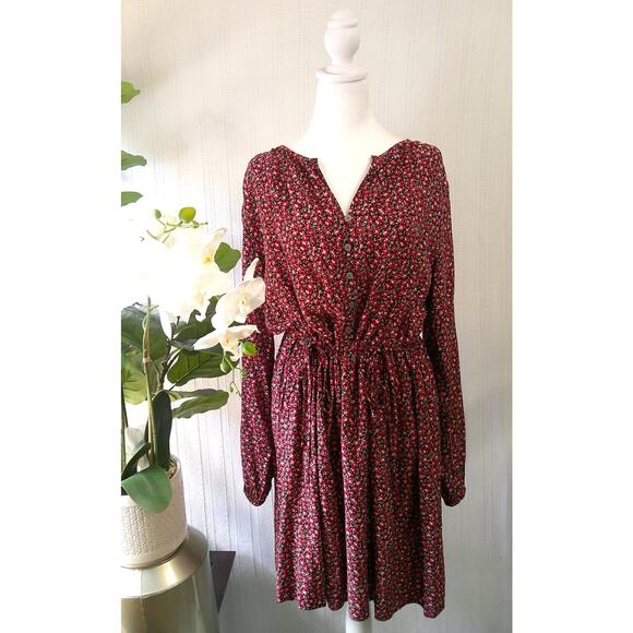 Loft Long Sleeve Side Tie Swing Dress Red Mini Floral Print-NWT Women's Large - Picture 1 of 10